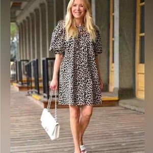 Leopard Print Dress Peter Pan collar lightweight puff sleeves modest trendy sz L